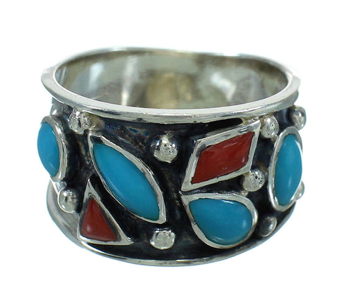 Southwest Turquoise And Coral Sterling Silver Jewelry Ring Size 8-1/4 AX82138